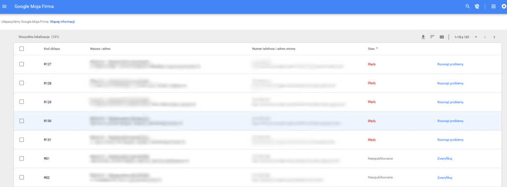 Google Moja Firma - lista zaimportowanych lokalizacji