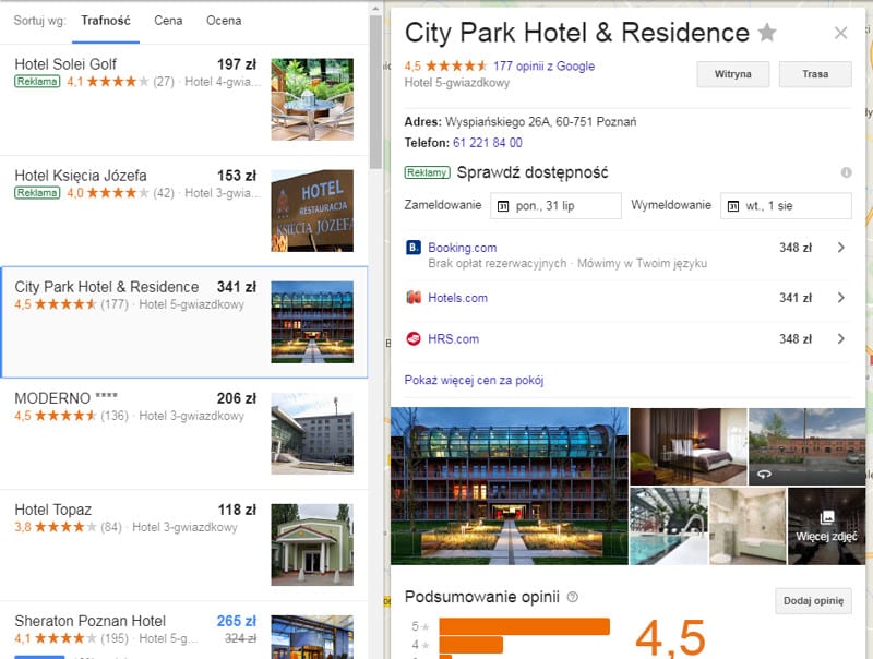 Google Hotel Ads - widok karty hotelu