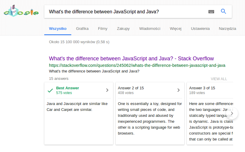 Żartobliwe odpowiedzi na pytania w Google