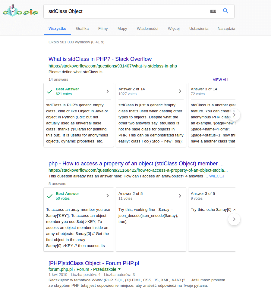 Dwie sekcje odpowiedzi w Google