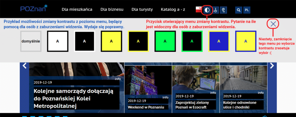 Przykład ładnej i widocznej prezentacji zmiany kontrastu na stronie poznan.pl